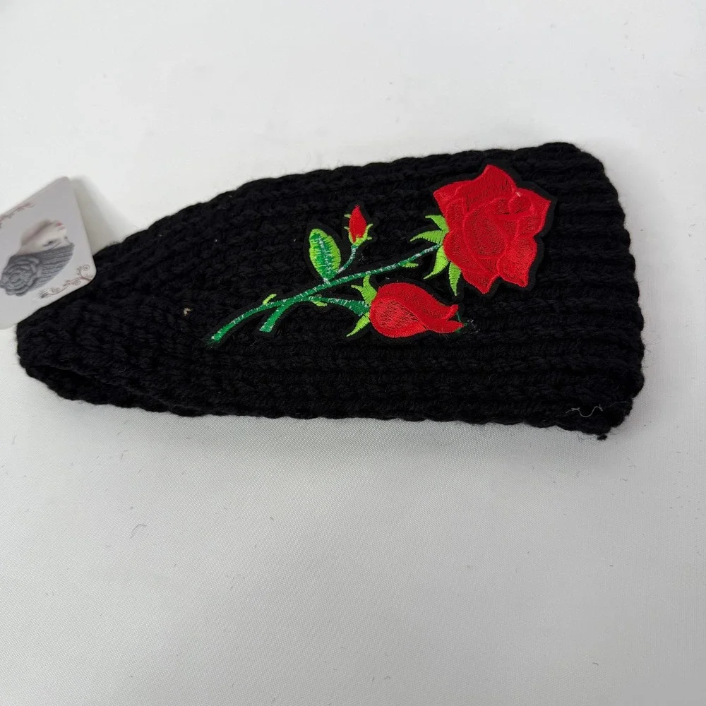 Black Knit Headband Ear Warmer Red Rose Floral Embroidery Patch New with Tags